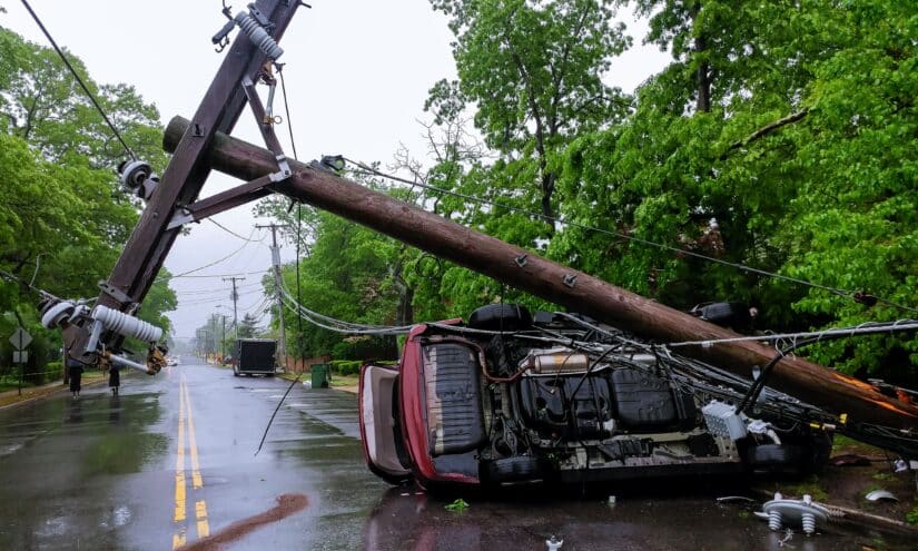 Electricity pole fell on a vehicle