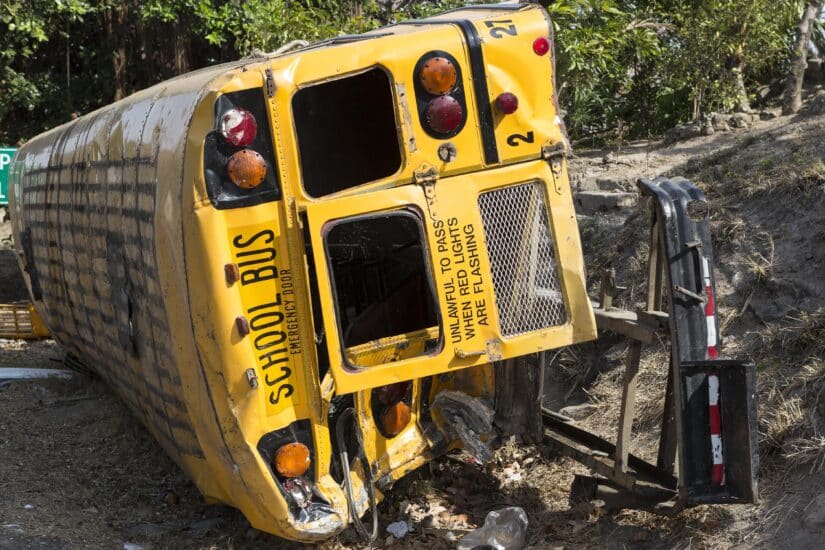 School bus fall over