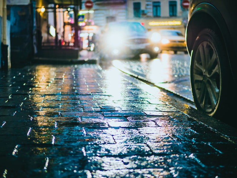 A wet sidewalk after rain